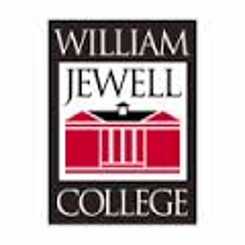 The image shows the logo of William Jewell College. The logo is a black square containing the words "WILLIAM JEWELL" stacked on top, followed by a stylized image of a building with red walls and white columns. Below the building is the word "COLLEGE". The overall design is simple and classic, reflecting the college's long history and academic focus.